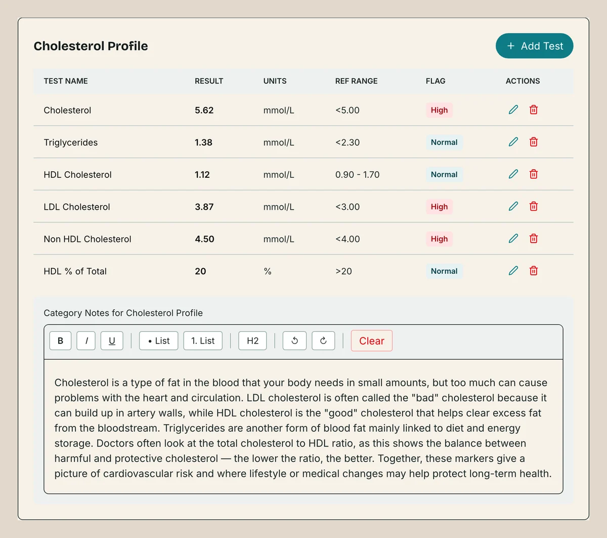 Categorising: the Lab Report Builder screen for this stage